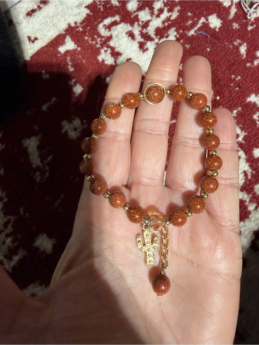 Sparkling Goldstone Beaded Stretch Bracelet Cactus Charm Western Boho